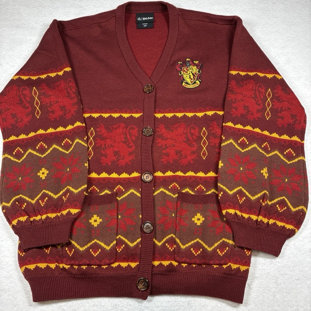 Harry Potter Wizarding World Gryffindor Cardigan Sweater M Maroon Gold Button Up